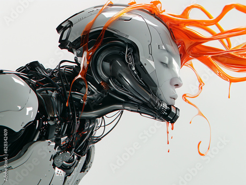 there is a robot with orange hair and a head of wires photo