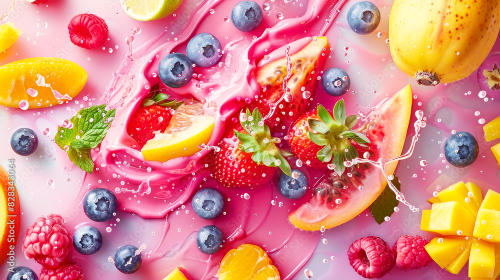 Vibrant splash of assorted fruits with milk and water droplets. Vibrant splash of assorted fruits with milk and water droplets.