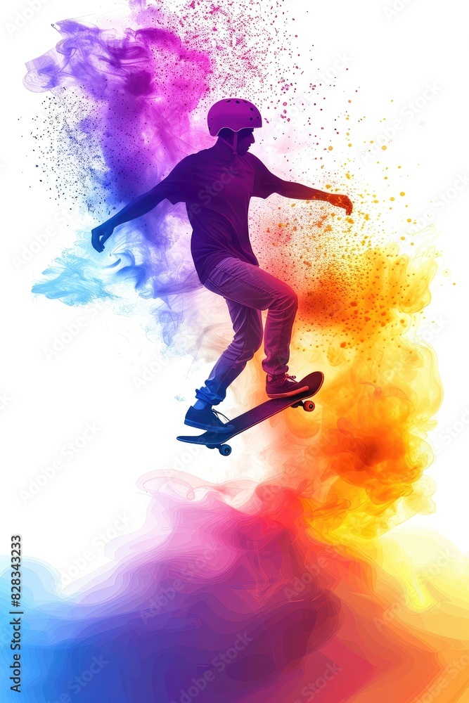 A skateboarder is in the air, surrounded by colorful smoke A skateboarder is in the air, surrounded by colorful smoke
