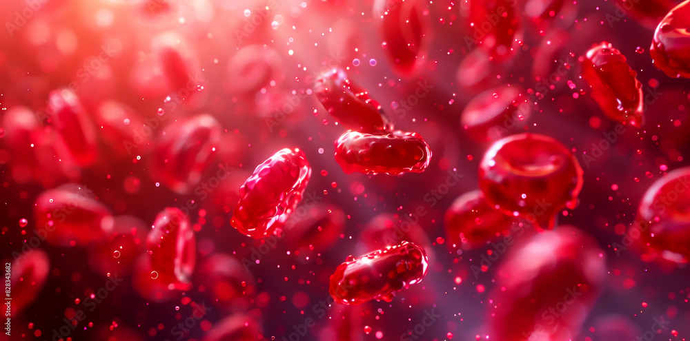 Closeup of red blood cells suspended in plasma, with a dynamic and vivid display. Closeup of red blood cells suspended in plasma, with a dynamic and vivid display.