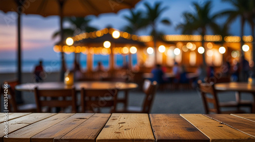 Wooden table and blur beach cafes background. AI generative photo