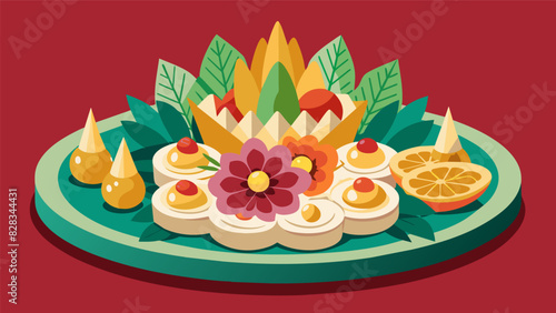 An extravagant and luxurious antipasto platter art adorned with edible flowers gold leaf accents and geometric fruit sculptures.. Vector illustration