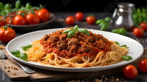 A plate of fried ground meat and tomato sauce on a spaghetti pasta dish created by GulArt photo