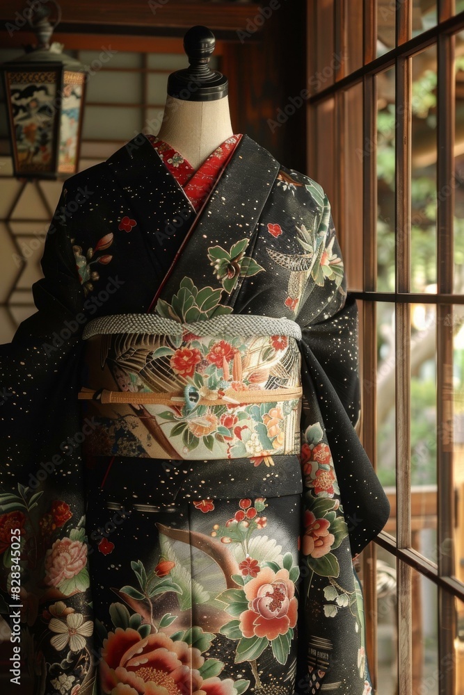 Naklejka premium A kimono with a floral pattern and a red obi