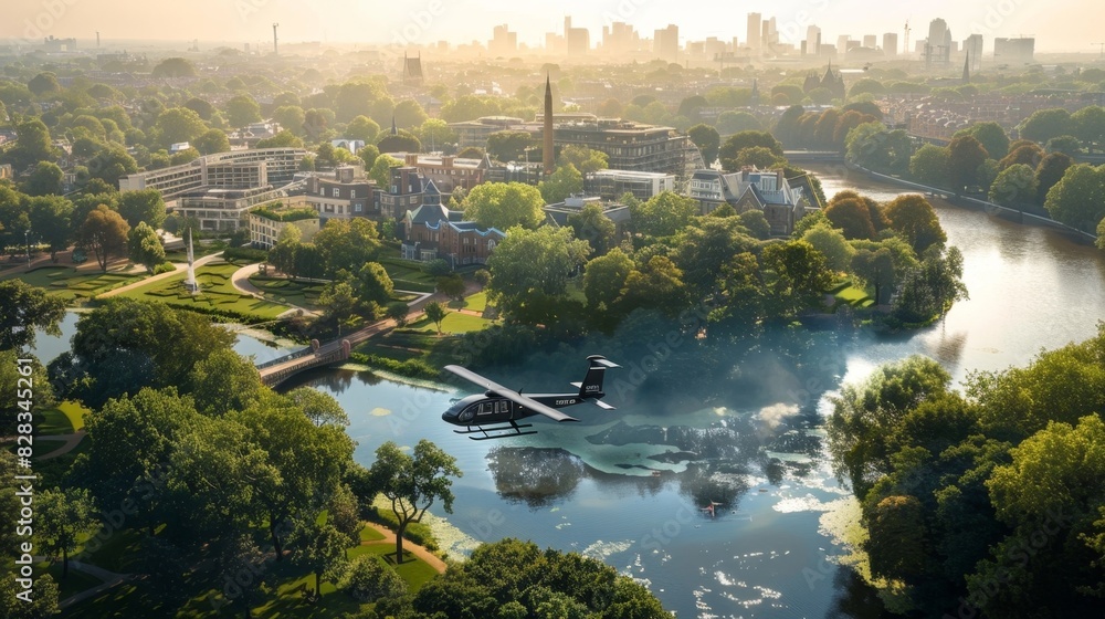 The gentle purr of an environmentallyfriendly air taxi fills the air above a picturesque park showcasing its contribution towards reducing carbon emissions.