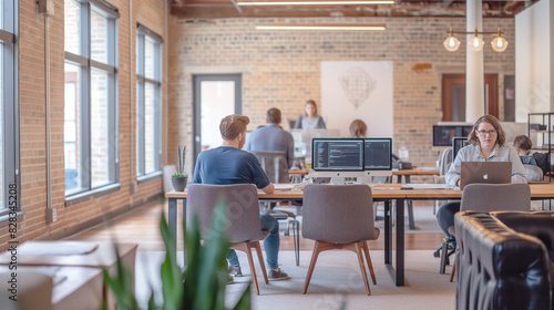 A modern office setting with working professionals  a casual interior design  bright windows  depicting a creative workspace concept. Generative AI