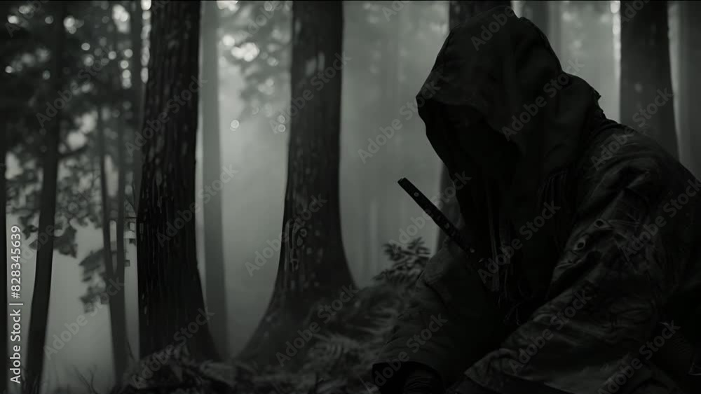 A cloaked figure sits amidst a misty forest, evoking an air of mystery A cloaked figure sits amidst a misty forest, evoking an air of mystery