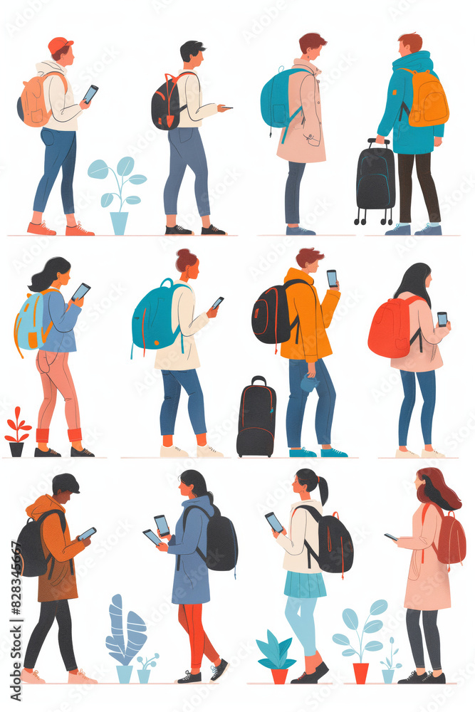 People with backpacks and luggage in various outfits using their phones while walking, isolated on a white background. People with backpacks and luggage in various outfits using their phones while walking, isolated on a white background.