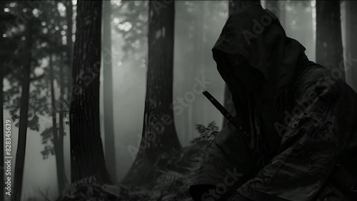 A cloaked figure sits amidst a misty forest, evoking an air of mystery