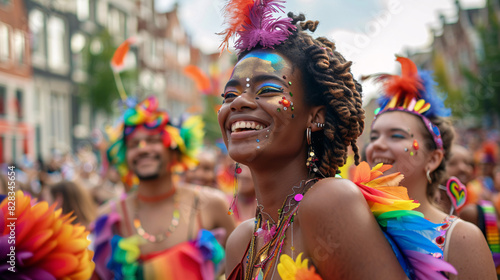 A woman in a rainbow outfit is smiling