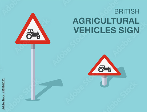 Traffic regulation rules. Isolated British "agricultural vehicles" road sign. Front and top view. Flat vector illustration template.