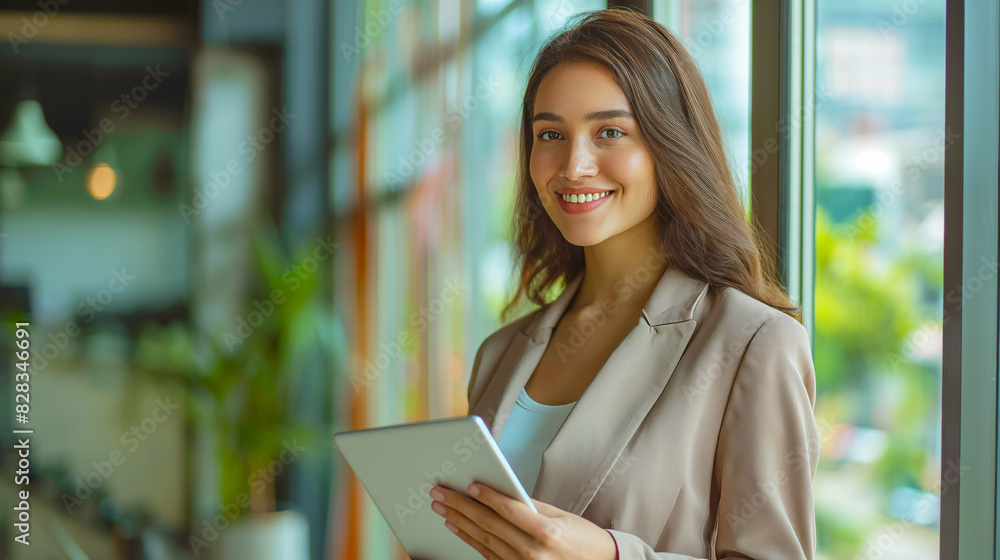 A smiling woman holding a tablet, in a professional attire, on a bright office background, concept of technology at work. Generative AI A smiling woman holding a tablet, in a professional attire, on a bright office background, concept of technology at work. Generative AI