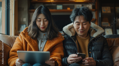 A couple sitting on a couch using digital devices. The woman is using a tablet  and the man is checking his smartphone. Cozy interior background.