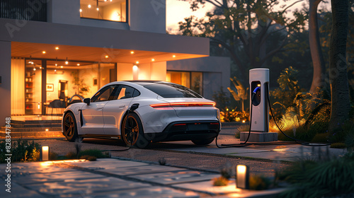 Generic modern electric vehicle EV hybrid car is being charged from a wallbox on a contemporary residential building home © DEEP