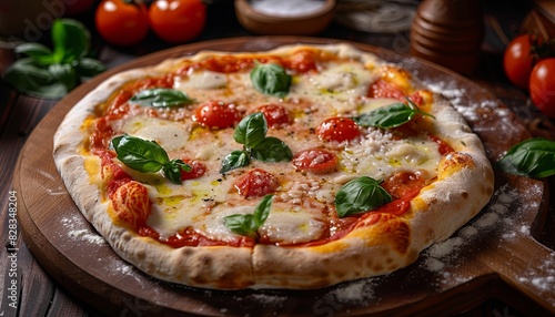 A pizza with basil and tomatoes on top