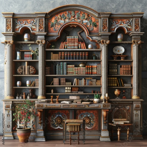 Vintage Library with Ornate Bookshelves and Desk