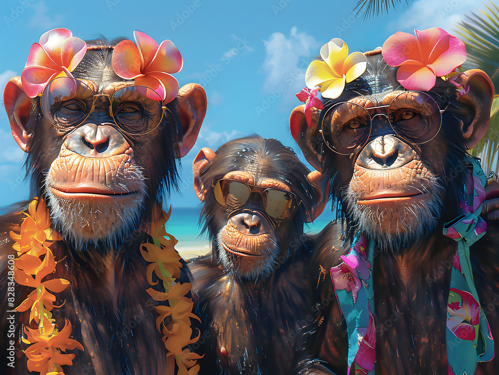 Obraz premium Chimpanzees are wearing sunglasses and beads while sitting in a pool.