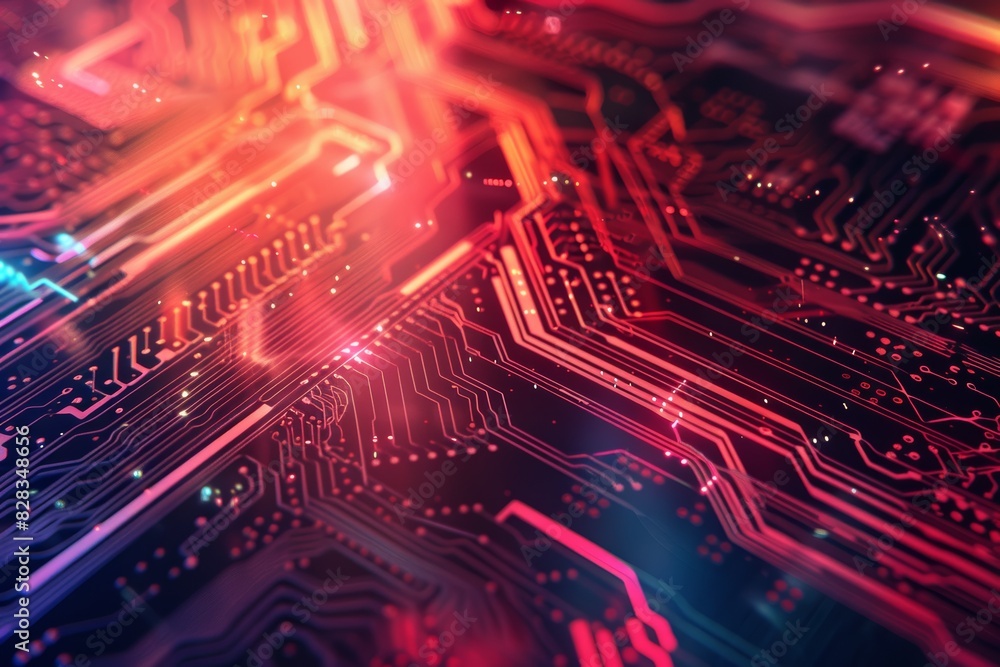 Obraz premium Close-up of a vibrant computer motherboard with glowing circuits and pathways, illustrating technology and electronic hardware.