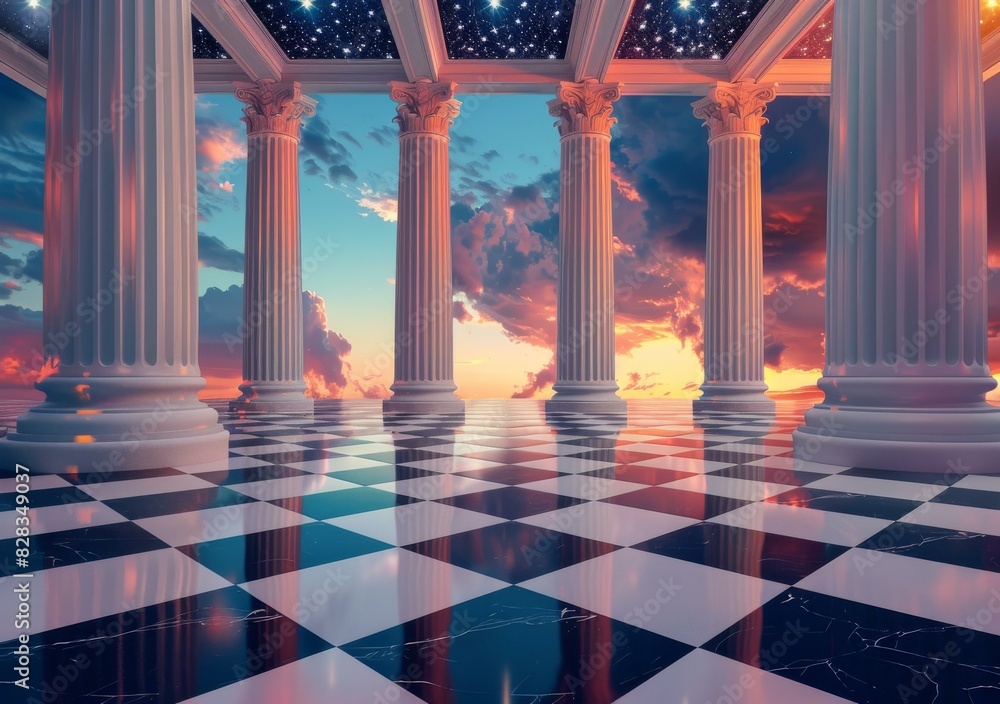 Fototapeta premium Surrealism painting of a checkerboard floor with Greek columns and a sunset sky