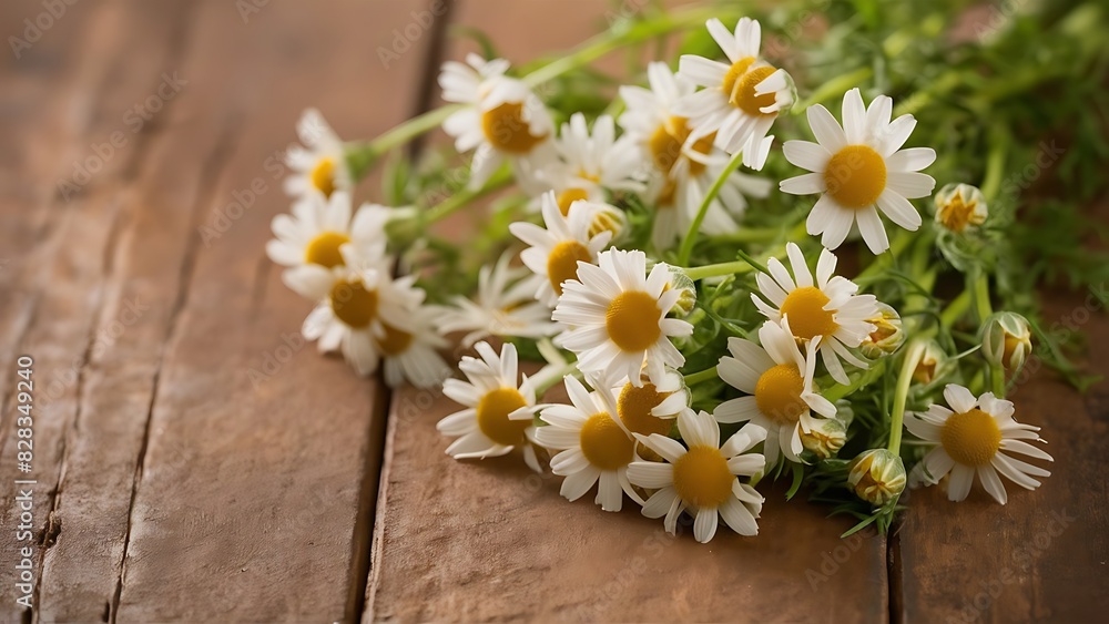 Obraz premium Fresh chamomiles flowers on brown wooden background