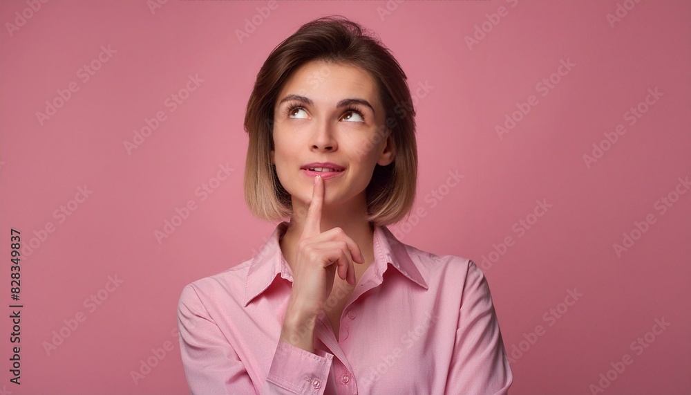 Portrait of a young woman in pink shirt with finger on mouth looking up thinking Portrait of a young woman in pink shirt with finger on mouth looking up thinking