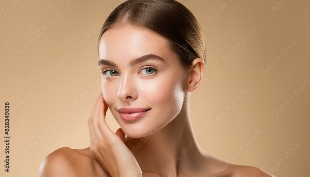 Beautiful young woman with clean fresh skin on beige background, Facial care Beautiful young woman with clean fresh skin on beige background, Facial care