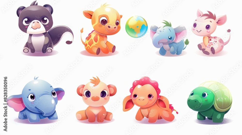Fototapeta premium A colorful set of cartoon animals. A set of icons with baby animals highlighted on a white background.