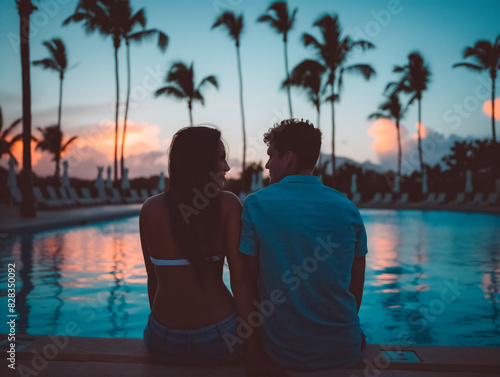 A couple sitting by the pool at sunset with silhouettes of palm trees in the background, concept of romance. Generative AI © Who is Danny