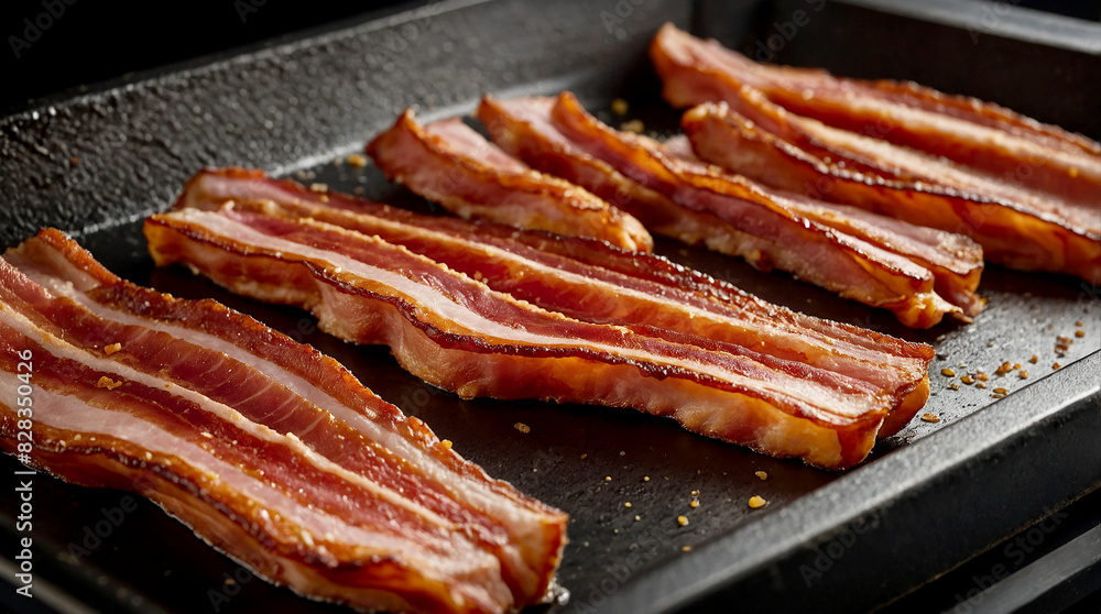 cooked bacon rashers on a clean surface, highlighting their texture and color with high-definition visuals cooked bacon rashers on a clean surface, highlighting their texture and color with high-definition visuals