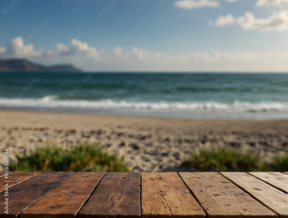 an empty wooden table set against a beautifully blurred beach background an empty wooden table set against a beautifully blurred beach background