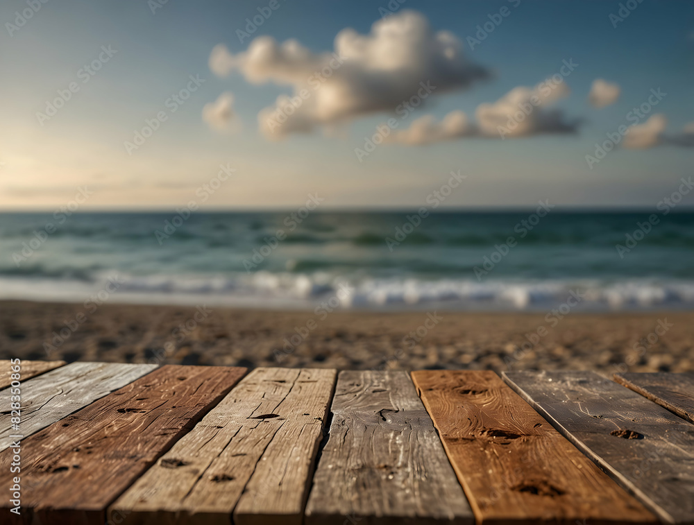 an empty wooden table set against a beautifully blurred beach background