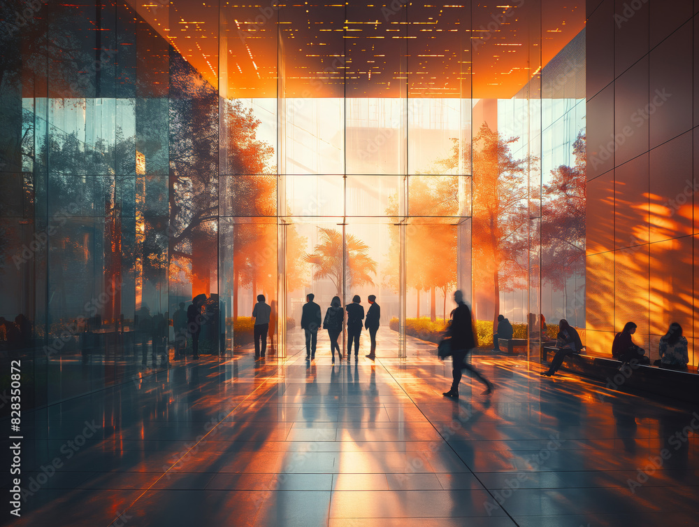 Silhouetted people in a modern glass building with vibrant sunset reflections casting shadows on the floor.