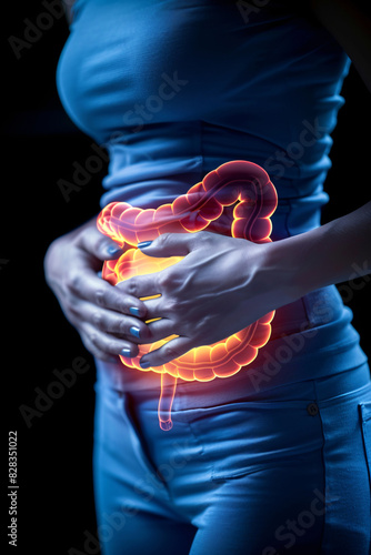 Stomach pain hologram illustration, a woman putting her hands on her stomach