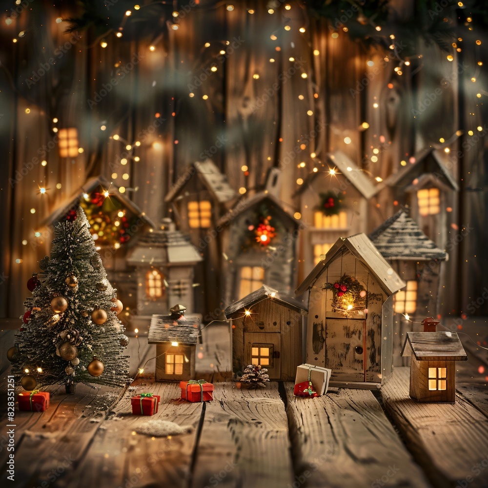 Holiday Scene with Miniature Houses and Christmas Tree Holiday Scene with Miniature Houses and Christmas Tree