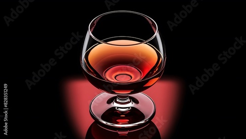Top of view of snifter of brandy in elegant typical cognac glass on black background with red reflection with light tint orange