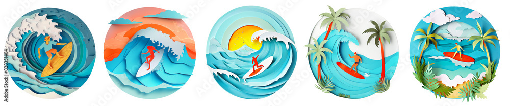 Papercraft set. Surf, beach vibes, tourism, travel, vacation concept. Papercraft set. Surf, beach vibes, tourism, travel, vacation concept.