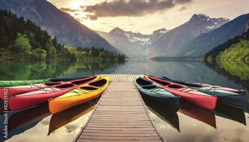 A set of different colored kayaks sit on a wooden jetty that reaches out into a tranquil lake 