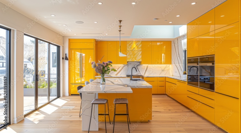 Minimal yellow kitchen featuring bright yellow cabinets, hardwood floors, and a sleek kitchen island Minimal yellow kitchen featuring bright yellow cabinets, hardwood floors, and a sleek kitchen island
