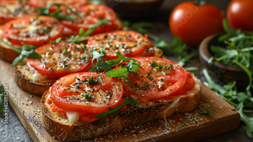 Tasty pizza toasts and fresh arugula on light