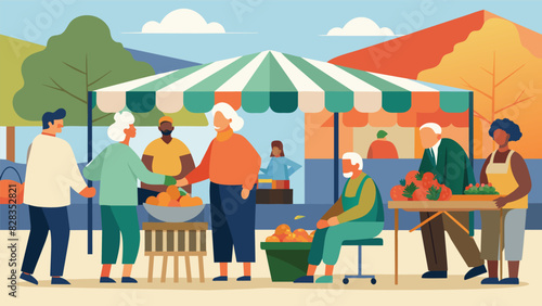 An outdoor market with designated senior hours and seating areas for rest breaks making it easier for older adults to shop for fresh produce and support local businesses.. Vector illustration