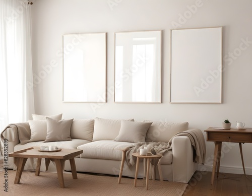 Mockup poster frame on the wall of the living room. Luxurious apartment background with contemporary design. Modern interior design.3D illustration, 3D render 