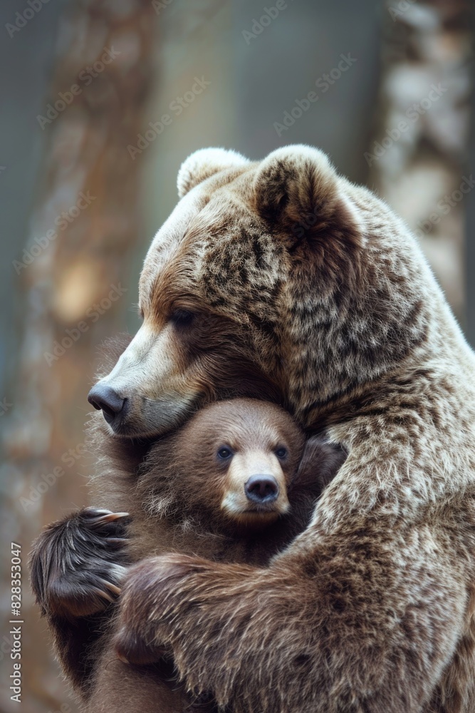 Fototapeta premium A heartwarming image of a brown bear holding a baby bear. Perfect for family or wildlife themes