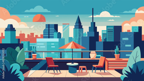 A rooftop terrace overlooking the bustling city providing a peaceful escape for quiet reflection amidst the chaos.. Vector illustration