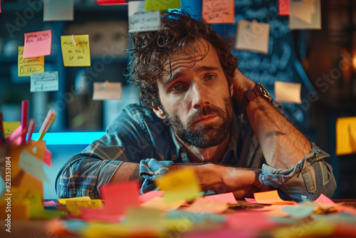 A stressed and overworked man surrounded by to-do lists and adhesive notes photo