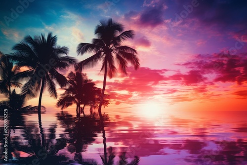 Tropical beach background, close up, focus on, copy space, vibrant colors, Double exposure silhouette with palm trees