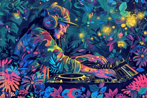 There is a man that is playing a dj in the jungle