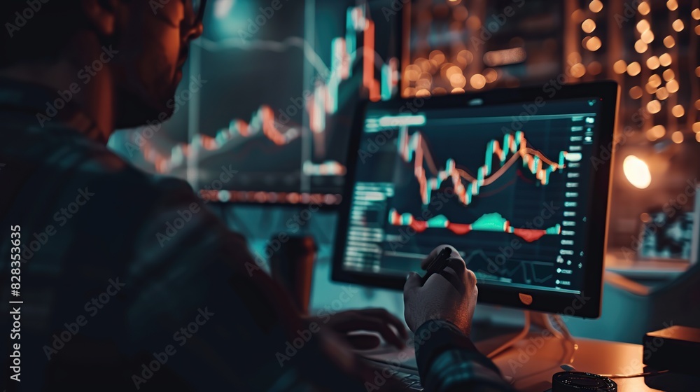 Trader is analyzing stock or forex price charts on a computer screen Trader is analyzing stock or forex price charts on a computer screen
