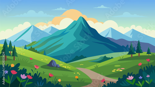 A secluded mountain top with panoramic views of rolling hills and s of wildflowers perfect for finding inner peace in the great outdoors.. Vector illustration