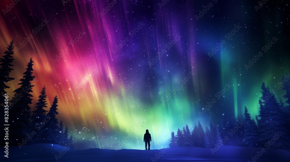 Fototapeta premium Aurora borealis sky, close up, focus on, copy space, vibrant colors, Double exposure silhouette with northern lights