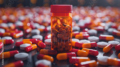 A pill bottle filled and surrounded with pills, medication concept photo